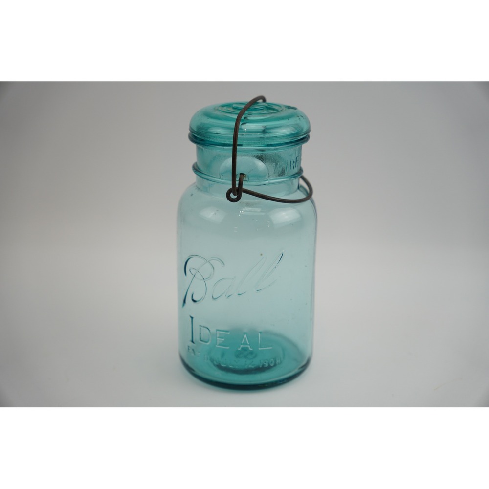 Ball Ideal Mason Jar Aqua Blue Glass Pint Wire Bail Lid PAT 1908 Excellent